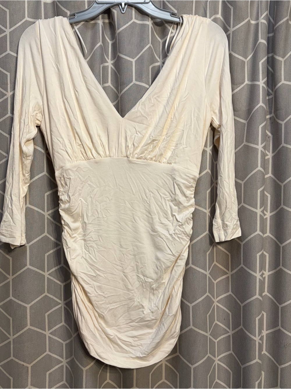 CAbi Cream Ruched V-Neck Long Sleeve Dress